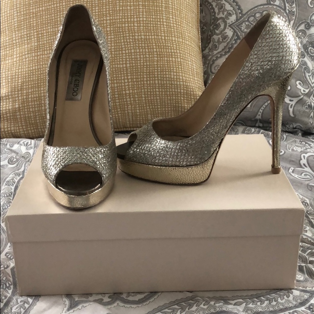 Jimmy Choo Glitter Fabric Champagne heels
